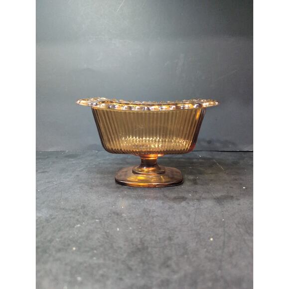 FTDA Amber Glass Candy Dish, Lace Ribbed‎ Pedestal Bowl, VTG Home Decor, Planter - Picture 8 of 11